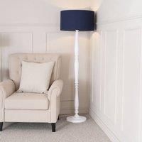ValueLights Victoria White Wood Traditional Stem Floor Lamp with Fabric Drum Shade in Navy