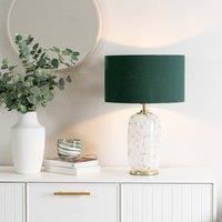 ValueLights India Fabric Drum Shade on Rounded White Confetti Glass Table Lamp with LED Bulb in Green