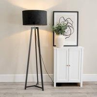 ValueLights Lottie Black Wood Tripod Floor Lamp with Velvet Drum Shade & LED Bulb