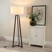Black Wooden Tripod Floor Lamp Boucle Drum Lampshade LED Bulb Lounge Light