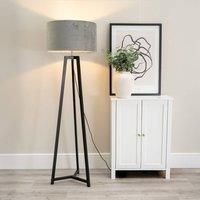 ValueLights Lottie Black Wood Tripod Floor Lamp with Velvet Drum Shade & LED Bulb in Grey