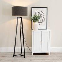 ValueLights Lottie Black Wood Tripod Floor Lamp with Boucle Drum Shade & LED Bulb in Charcoal