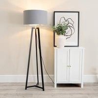 Black Wooden Tripod Floor Lamp Metallic Inner Drum Shade LED Bulb Lounge Light