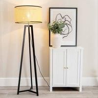 Modern Black Wooden Tripod Floor Lamp Cane Drum Lampshade LED Bulb Lounge Light