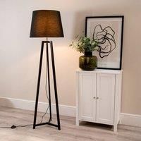 Black Wooden Tripod Floor Lamp Tapered Shade Free Standing Lounge Light LED Bulb