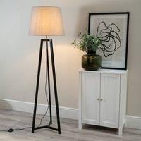 Black Wooden Tripod Floor Lamp Tapered Shade Free Standing Lounge Light LED Bulb