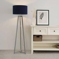 ValueLights | Grey Wood Tripod Floor Lamp with Navy Blue Fabric Drum Lampshade Living Room Light | Floor Lamps, Home Décor & Improvement Essential | Included LED Bulb
