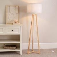 Natural Wooden Tripod Floor Lamp Fabric Drum Lampshade Free Standing Light