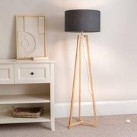 Natural Wooden Tripod Floor Lamp Fabric Drum Lampshade Free Standing Light