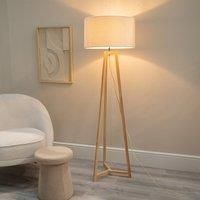 Natural Wooden Tripod Floor Lamp Base Boucle Drum Lampshade Free Standing Light