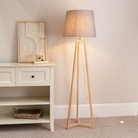 ValueLights Lottie Natural Wood Tripod Floor Lamp with Fabric Tapered Shade & LED Bulb in Grey