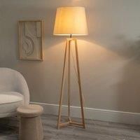 ValueLights Lottie Natural Wood Tripod Floor Lamp with Fabric Tapered Shade & LED Bulb in Cream