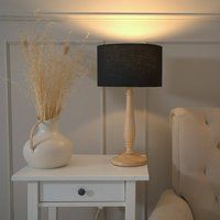 ValueLights Victoria Light Wood Traditional Table Lamp with Fabric Drum Shade & LED Bulb in Black
