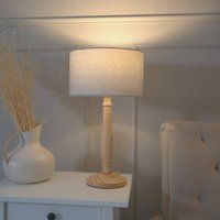 ValueLights Victoria Light Wood Traditional Table Lamp with Fabric Drum Shade & LED Bulb in Grey