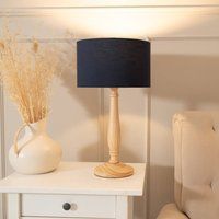 ValueLights Victoria Light Wood Traditional Table Lamp with Fabric Drum Shade & LED Bulb in Navy