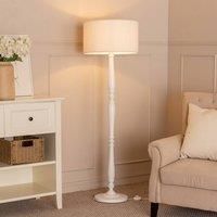 ValueLights Victoria Candlestick White Wood Floor Lamp with Cream Boucle Drum Lamp Shade