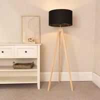 Natural Wooden Tripod Floor Lamp Base Drum Shade Free Standing Lounge Light