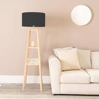 ValueLights | Natural Wood 2 Storage Shelf Floor Lamp with Black Fabric Lampshade Living Room Light | Floor Lamps, Home Décor & Improvement Essential | Included LED Bulb