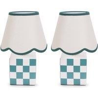 ValueLights | Pair of - Forest Green Cube Checkered Base Ceramic Table Lamp with Scallop Tapered Lampshade Bedside Light - LED Bulbs Included | Table Lamps & Home Improvements Essential