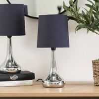 Pair of Chrome Teardrop Touch Table Lamps Bedside Lights Fabric Shades LED Bulbs
