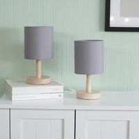 Pair of Wooden Table Lamps Fabric Lampshades Bedside Bedroom Lights LED Bulb