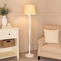 ValueLights Victoria White Wood Candlestick Floor Lamp with Linen Scallop Trim Tapered Shade