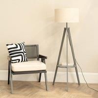 ValueLights Morrigan Grey Wood Tripod Floor Lamp with Linen White Trim Drum Shade in Natural