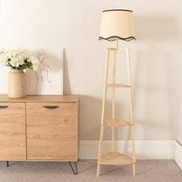 Shelf Floor Lamp Living Room Light Standard Reading Lampshade Natural Wood Base