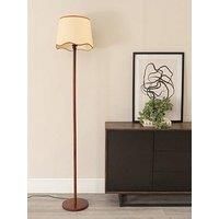 Dark Wooden Stem Floor Lamp Fabric Lampshade Scallop Trim Light Shade LED Bulb