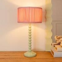 ValueLights Bobbins Sage Green Table Lamp with Ruched Pleated Drum Lamp Shade & LED Bulb in Pale Pink