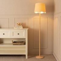 ValueLights Triston Natural Light Wood Floor Lamp with Scallop Trim Tapered Shade & LED Bulb in White