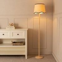 Natural Floor Lamp Light Wooden Stem Fabric Scallop Trim Lampshade LED Bulb