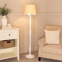 ValueLights Victoria White Wood Floor Lamp with Linen Scallop Trim Tapered Shade & Bulb