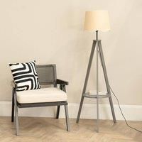 ValueLights Morrigan Grey Wood Tripod Floor Lamp Scallop White Trim Tapered Shade in Natural