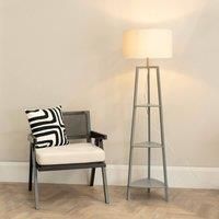 ValueLights Hiru Grey 3 Tier Shelf Floor Lamp with Trim Linen Drum Shade & Bulb in White