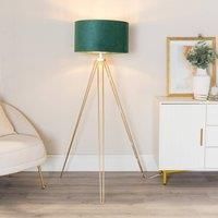 Gold Tripod Floor Lamp Velvet Drum Lampshade Metallic Inner Living Room Light