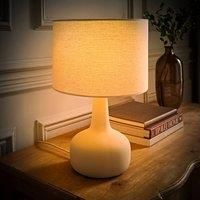 ValueLights | Hayley Natural Linen Drum Shade Beige Squat Base Ceramic Table Lamp and LED Bulb | Table Lamps, Home Décor & Improvement Essential | Included LED Bulb