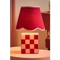 Cube Table Lamp Light Burgundy Ceramic Checkerboard Base Scallop Shade Bedoom