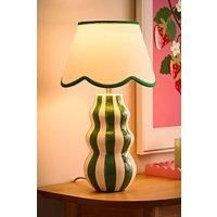 Table Lamp Green Stripe Base Scallop Fabric Lampshade Living Room Bedroom Light