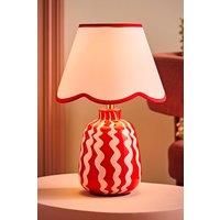 Table Lamp Red & Pink Wiggle Ceramic Base Scallop Trim Lampshade Bedroom Light