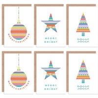 Christmas Folk Pattern Colourful Bauble Star Tree Blank Greeting Cards Pack of 6