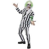 Smiffys Beetlejuice Child Costume with Shirt Dress Collar Mock Tie and Cuffs Black and White Stripes Purple Zip Up Front Official Warner Brothers Licensed Halloween Costume, Medium