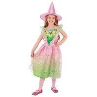 Smiffys Girls Good Witch Costume with Pink and Green Sparkly Dress and Matching Pointed Hat Kids Fancy Dress Outfit for Halloween Parties, Age 10-12
