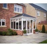 SOLid Roof Edwardian Conservatory White Frames Dwarf Wall with Titanium Grey Tiles - 13 x 13ft