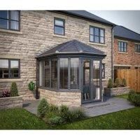 SOLid Roof Victorian Conservatory Grey Frames Dwarf Wall with Titanium Grey Tiles - 13 x 13ft
