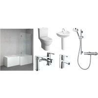 Veroli L-Shaped Right Hand Family Shower Bath Suite with Mixer Shower, Bath Screen, Bath Panel, Full Pedestal Basin, Toilet Pan, Wastes & Taps - 1700 x 850mm