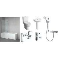 Veroli L-Shaped Left Hand Family Shower Bath Suite with Mixer Shower, Bath Screen, Bath Panel, Full Pedestal Basin, Toilet Pan, Wastes & Taps - 1700 x 850mm