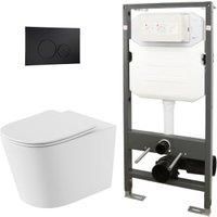 Abacus Corlea Easy Clean Wall Hung Toilet Pan with Slim Seat, 1140mm Frame & Round Black Flush Plate