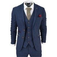 Mens Blue 3 Piece Suit Herringbone Tweed Checked Formal Dress Suits - Blue 36