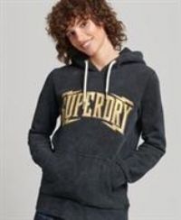 Superdry Womens Brand Mark Metal Hoodie Size 8 XS Black Gold Sweatshirt Logo New